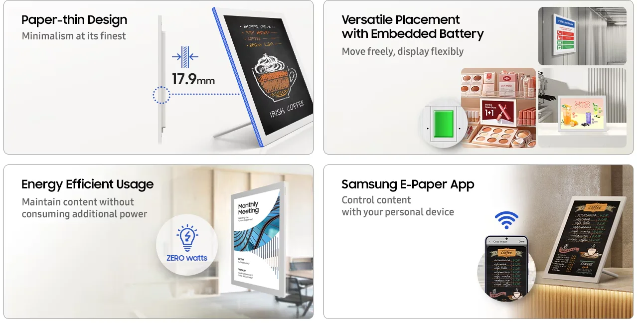 Das 13,3" Samsung Color E-Paper EM13DX ist die ideale Lösung für Unternehmen, die Informationen, Beschilderungen oder Kommunikationsinhalte flexibel und nachhaltig bereitstellen möchten.