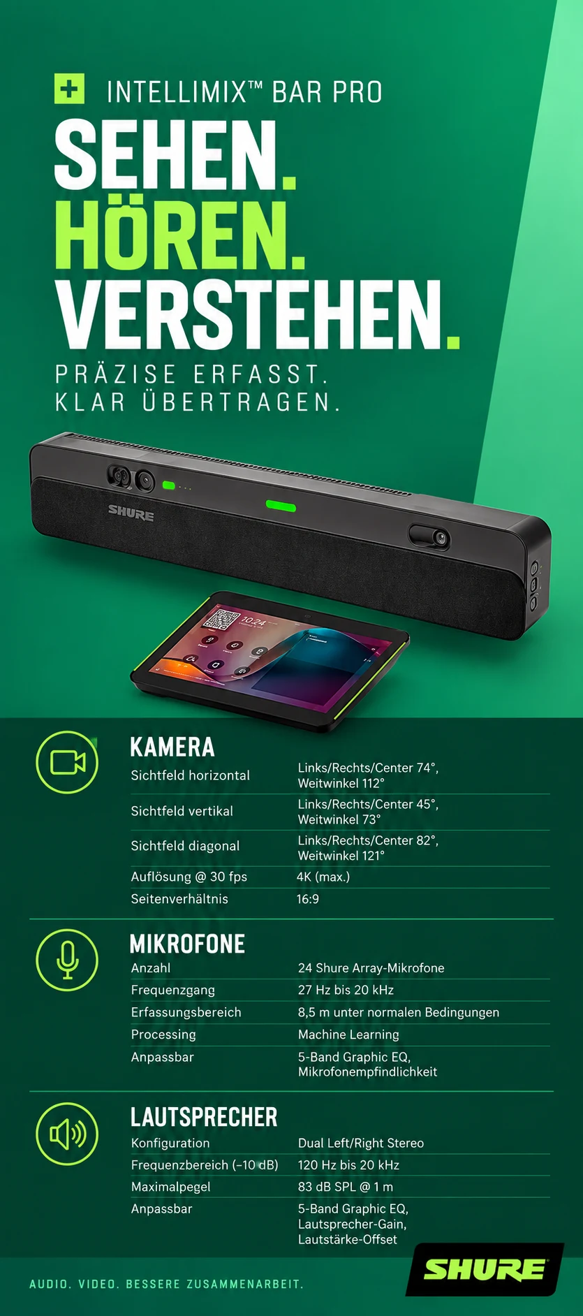 Sure Intellimix Bar Pro Schnelle, einfache Inbetriebnahme Dank Zero-Touch-Provisioning auf Android-Basis ist die Bar in kürzester Zeit einsatzbereit – ganz ohne aufwändige Konfiguration vor Ort. Sure Intellimix Bar Pro Schnelle, einfache Inbetriebnahme<br />
Dank Zero-Touch-Provisioning auf Android-Basis ist die Bar in kürzester Zeit einsatzbereit – ganz ohne aufwändige Konfiguration vor Ort.